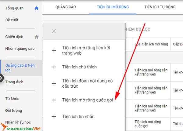 Tiện ích cuộc gọi - Quảng cáo Google Adwors - MarketingViet.vn
