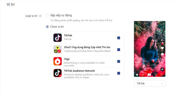 Chọn vị trí quảng cáo trên Tik Tok